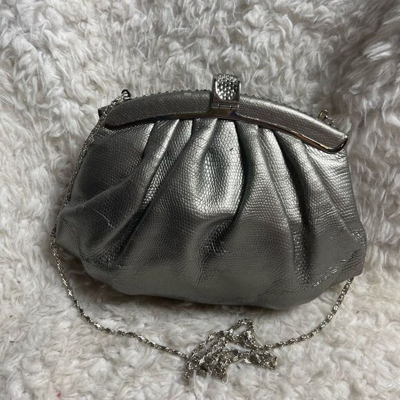 Stephanie Snakeskin  prints Rhinestone Vintage Metallic gray evening Bag. - Picture 3 of 13